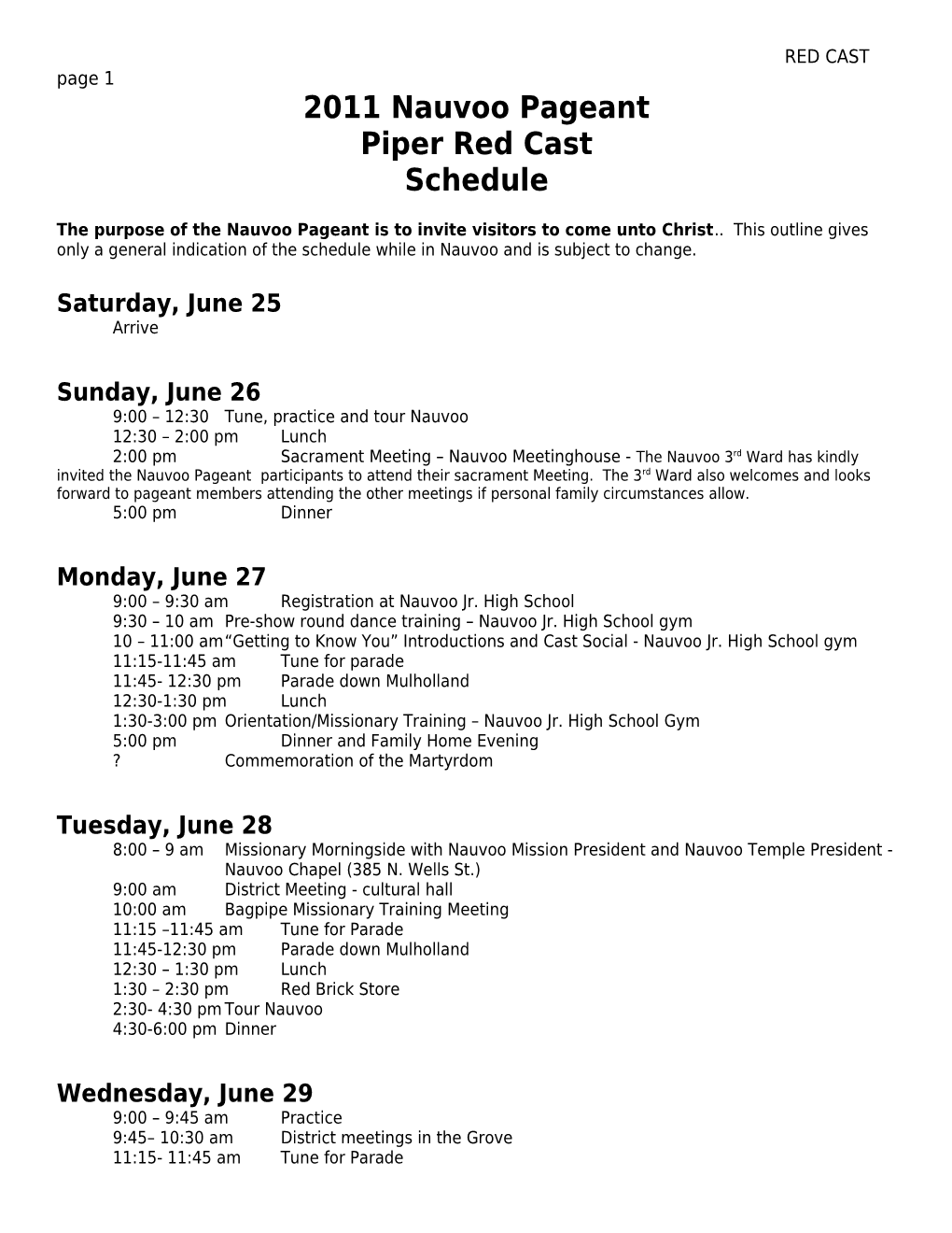 2006 Nauvoo Pageant Schedule