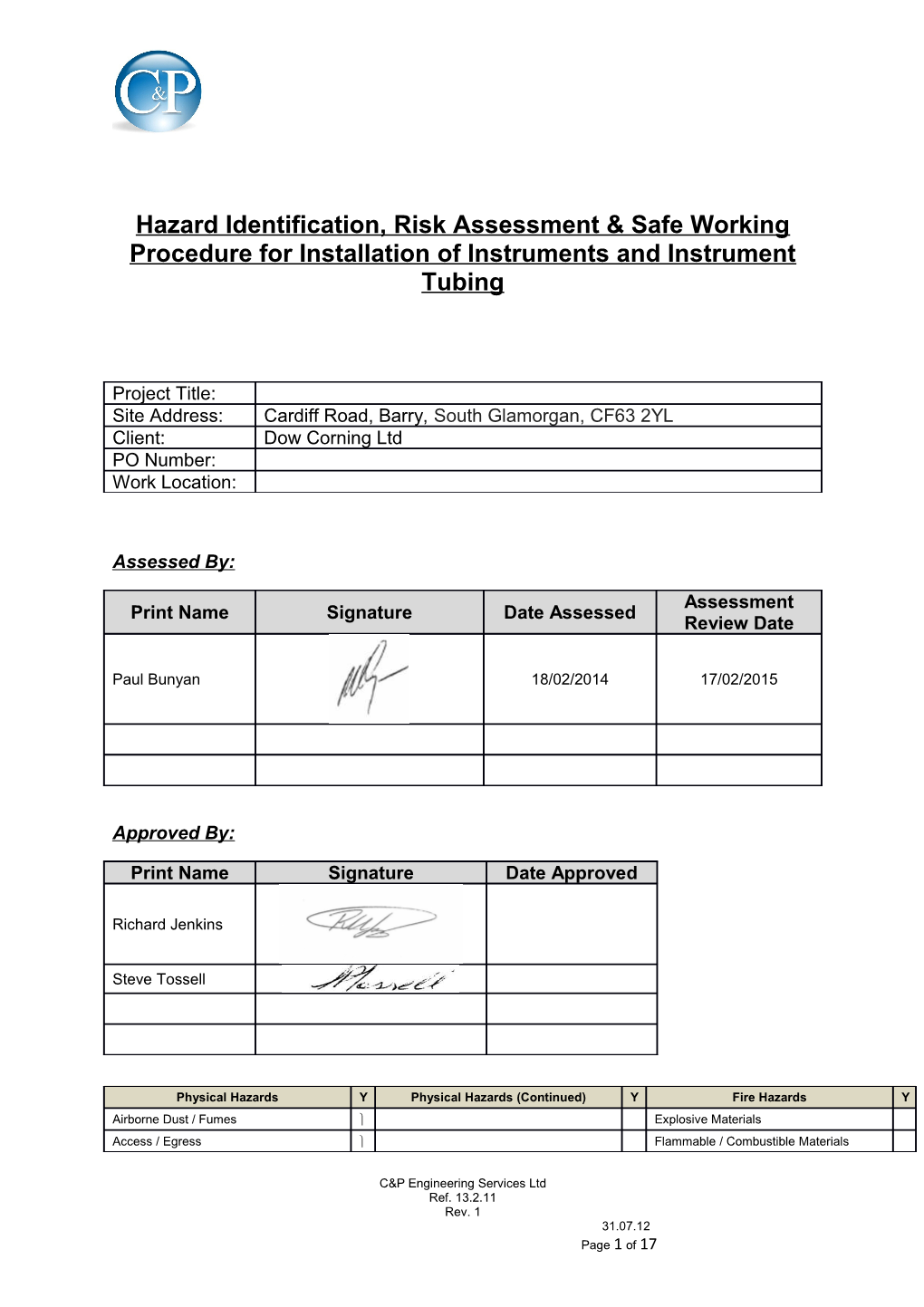 Hazard Identification, Risk Assessment & Safe Working Procedure for Installation of Instruments