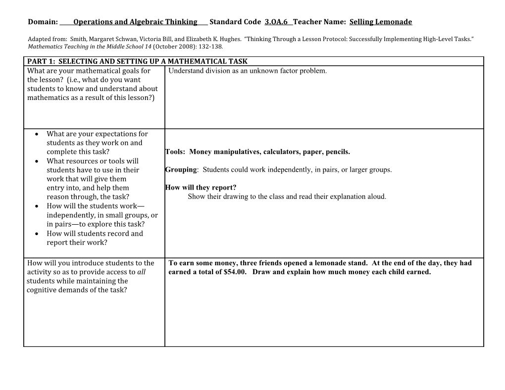 Thinking Through A Lesson Protocol (TTLP) Template