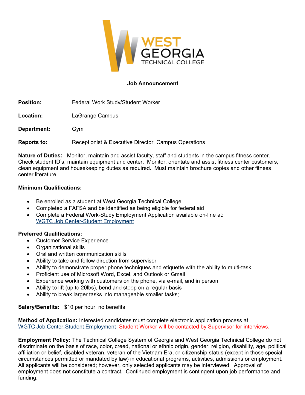 Position: Federal Work Study/Student Worker