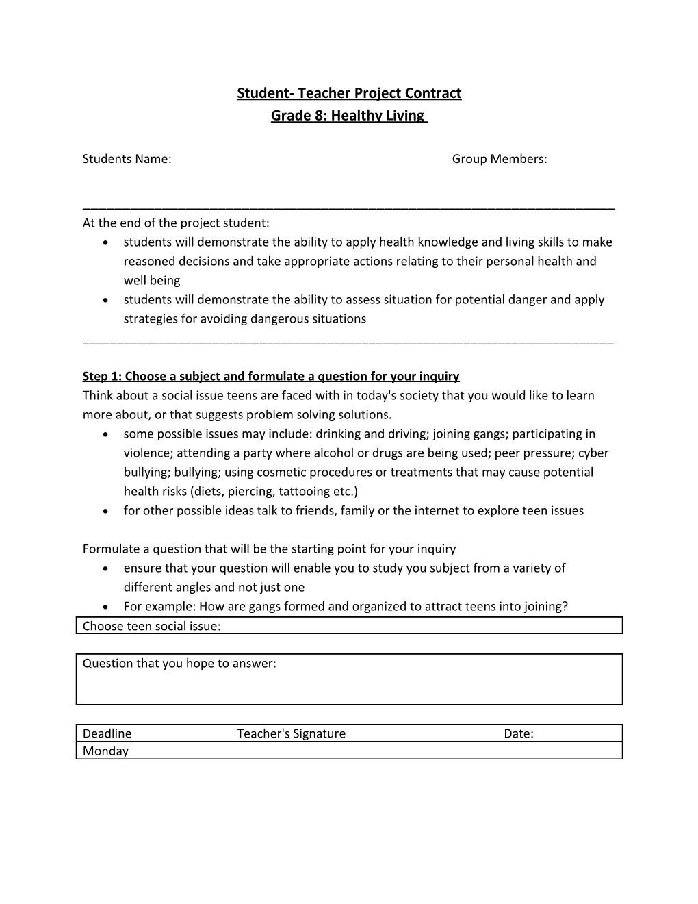 Student- Teacher Project Contract