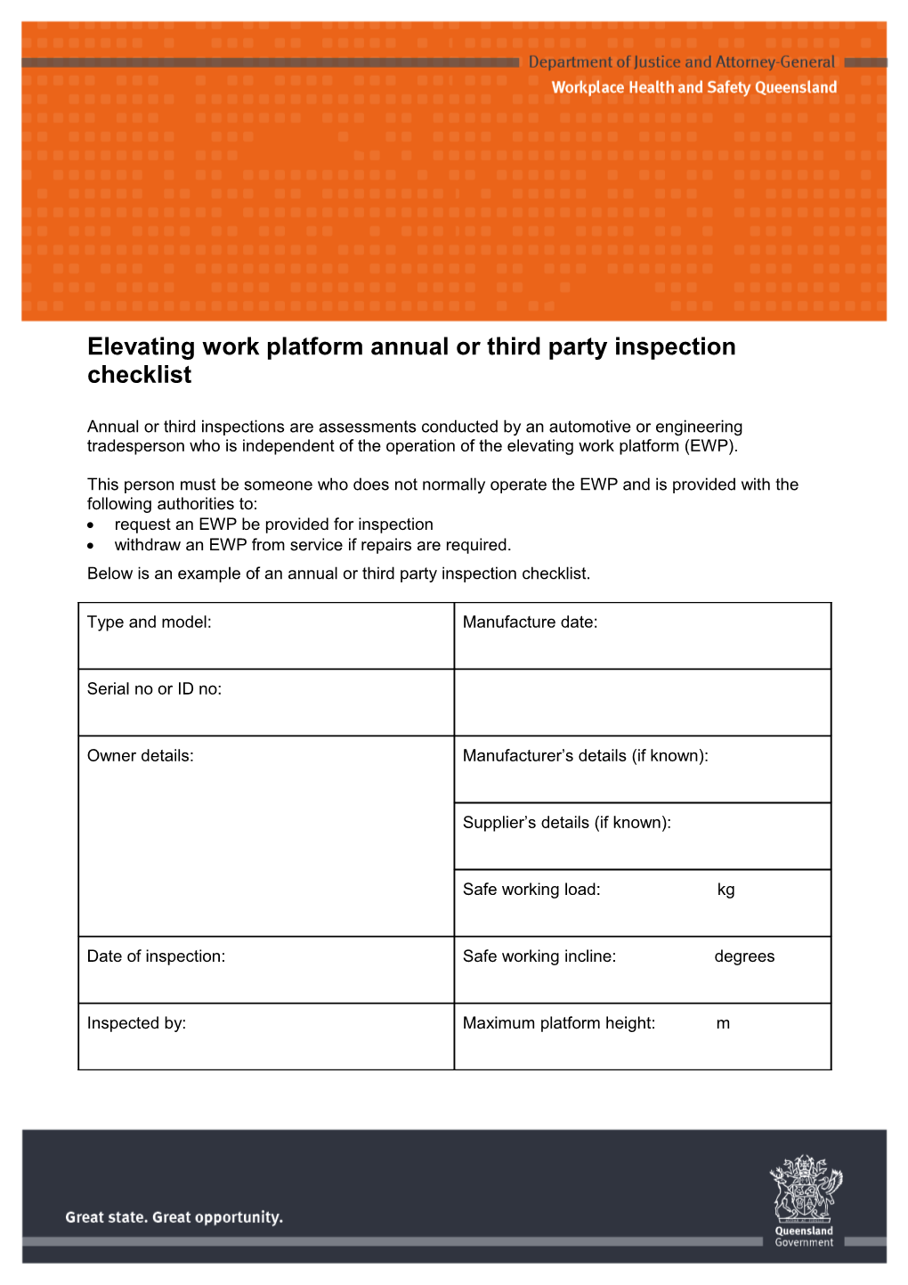 Elevating Work Platform Annual Or Third Party Inspection Checklist
