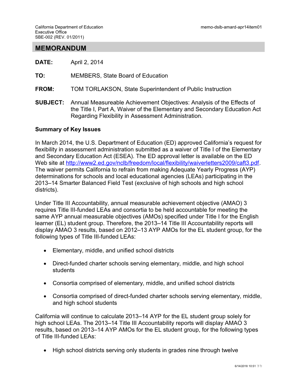 April 2014 Memorandum AMARD Item 01 - Information Memorandum (CA State Board of Education)