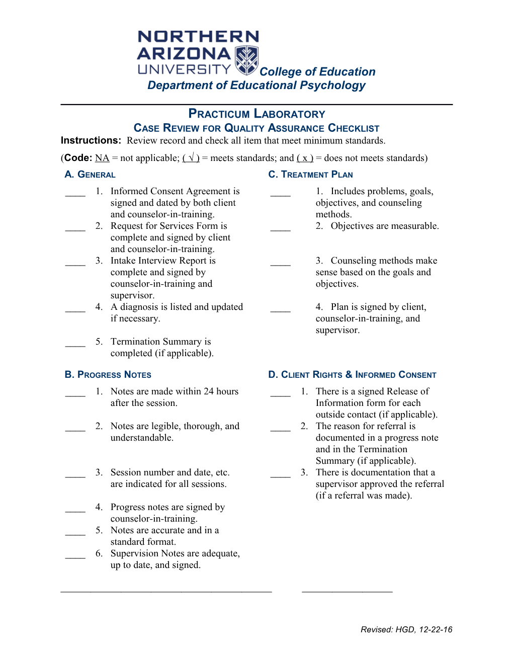 Case Review for Quality Assurance Checklist