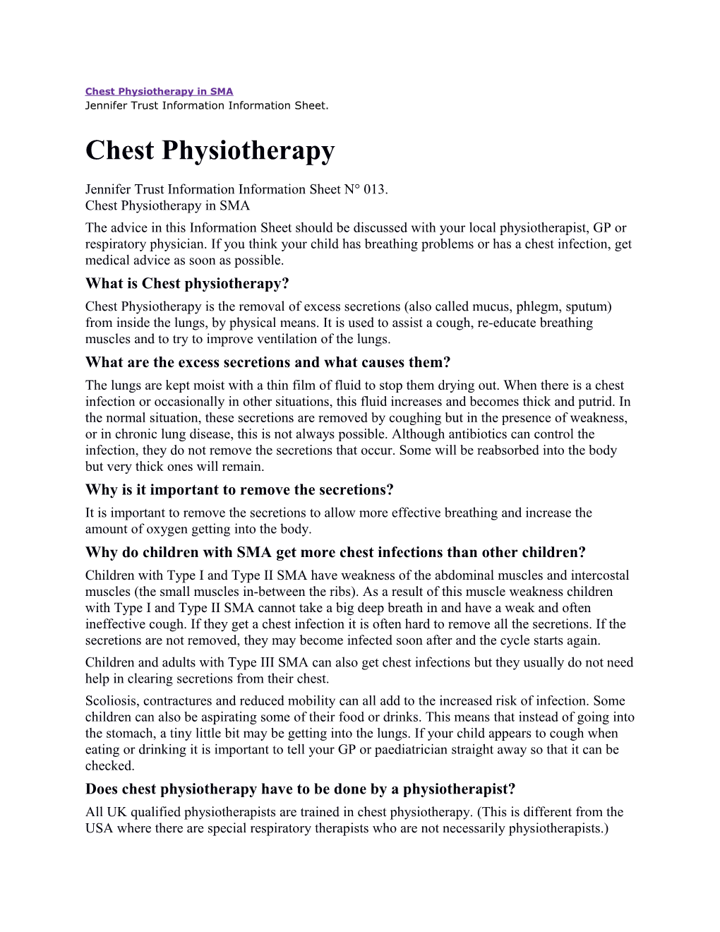 Chest Physiotherapy in SMA Jennifer Trust Information Information Sheet