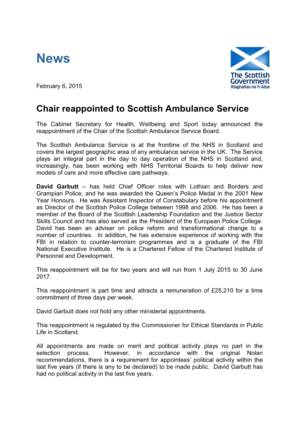 Chair Reappointed to Scottish Ambulance Service