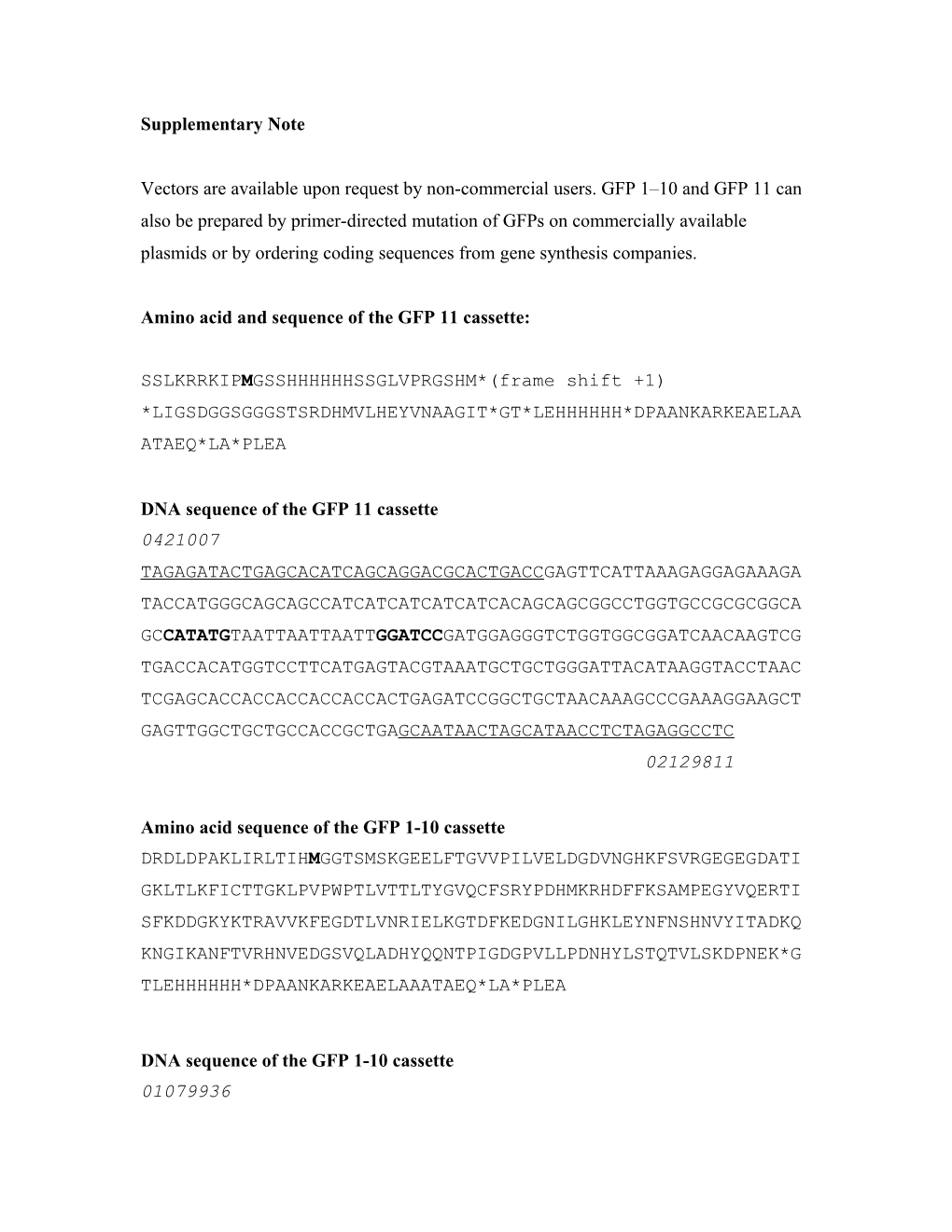 Amino Acid and Sequence of the GFP 11 Cassette