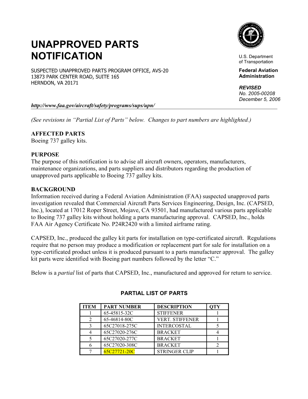 Unapproved Parts Notification