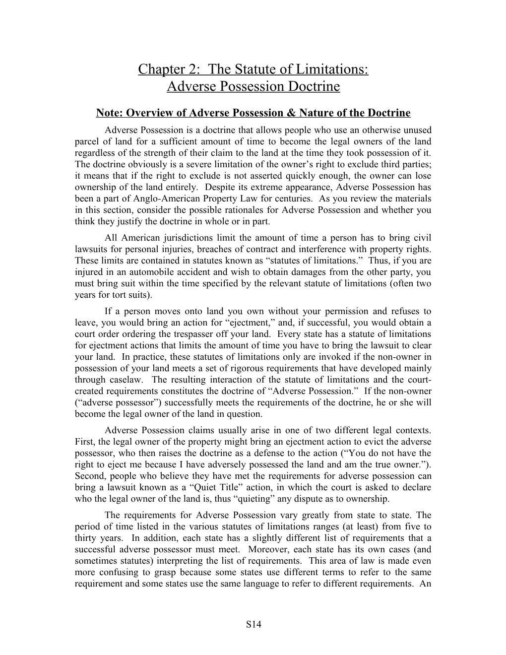 Note: Overview of Adverse Possession & Nature of the Doctrine