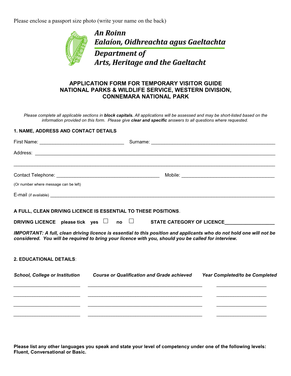 Application Form for Temporary Visitor Guide
