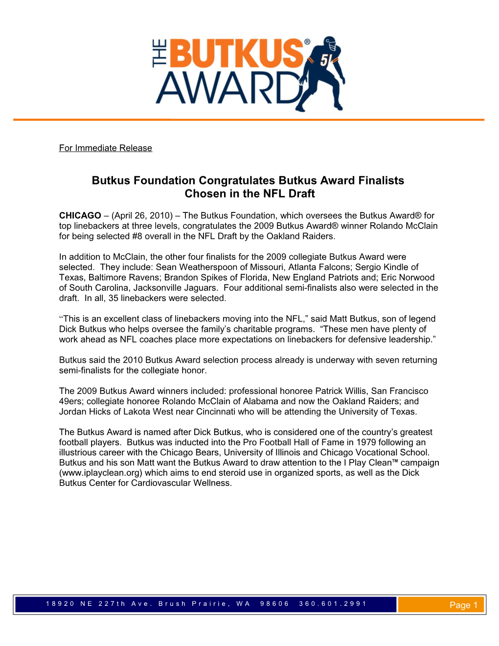 Butkus Foundation Congratulates Butkus Award Finalists
