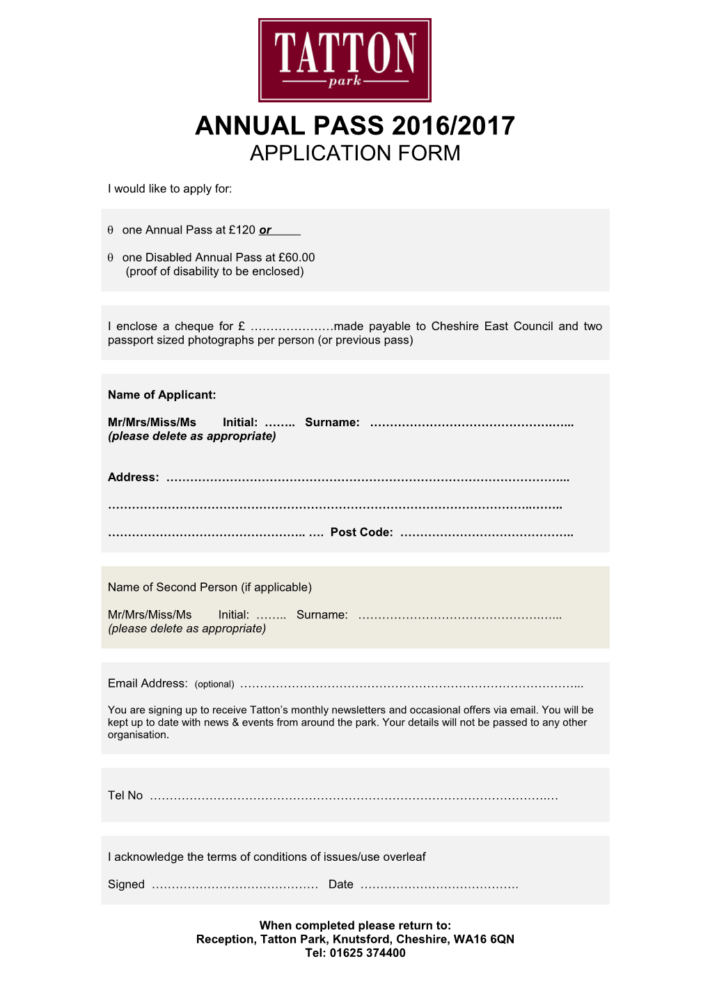 Annual Pass 2016 Application Form
