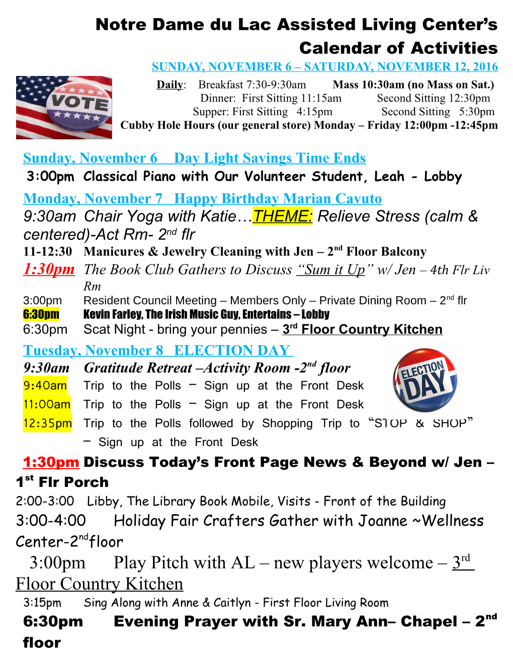 Notre Dame Du Lac Assisted Living Center S Calendar of Activities