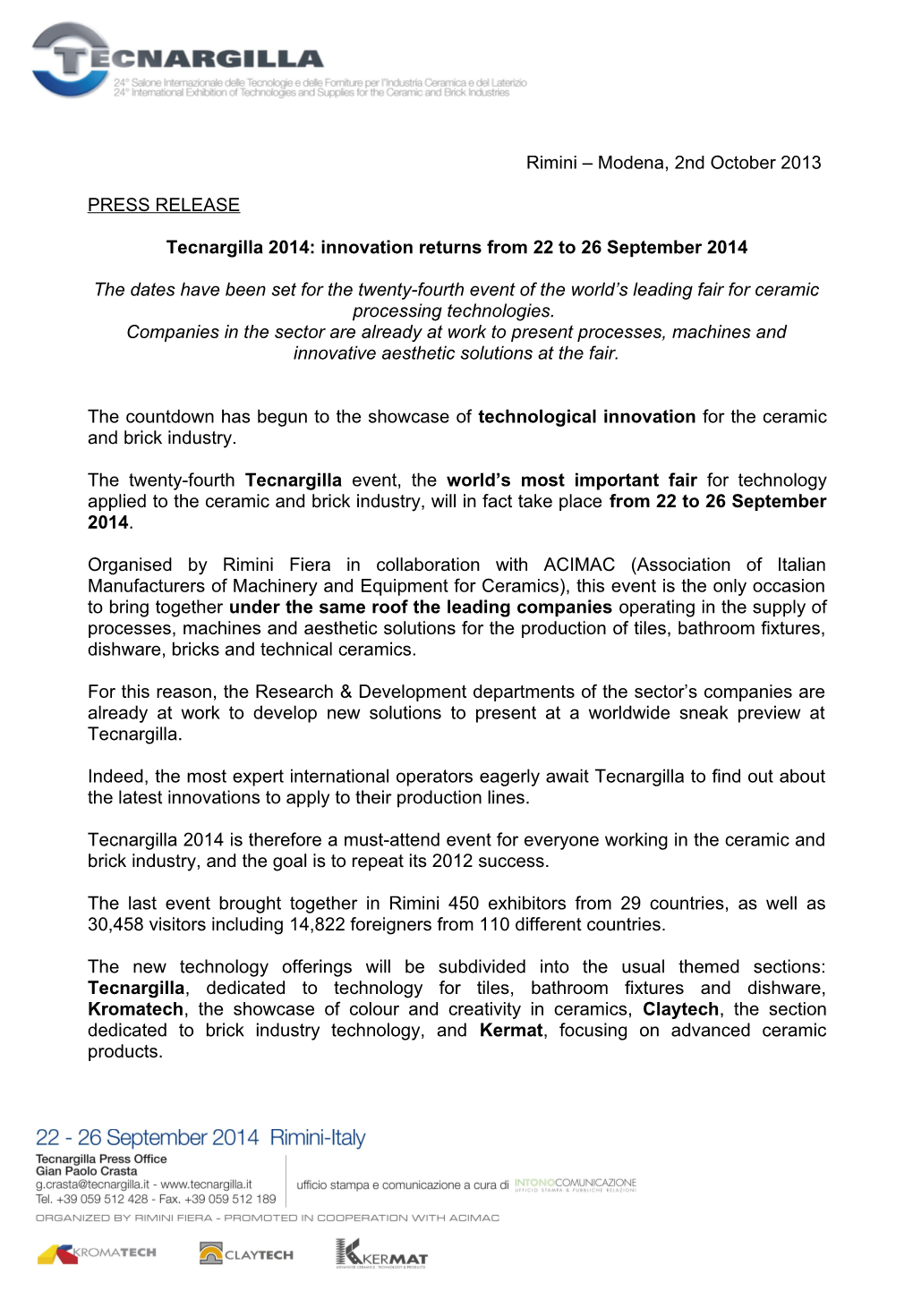 Tecnargilla 2014: Innovation Returns from 22 to 26 September 2014