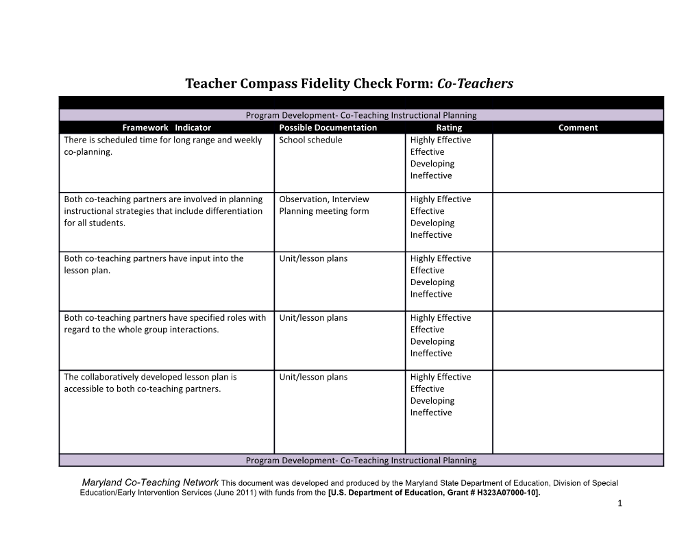 Teacher Compass Fidelity Check Form: Co-Teachers