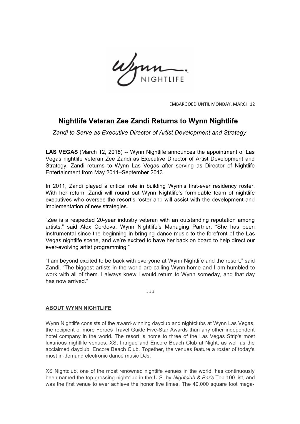 Nightlife Veteran Zee Zandi Returns to Wynn Nightlife