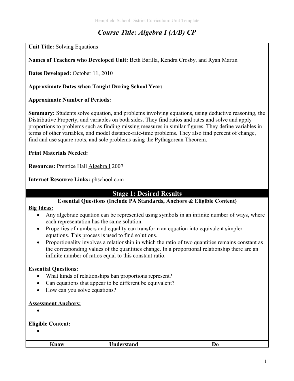 Hempfield School District Curriculum: Unit Template s1