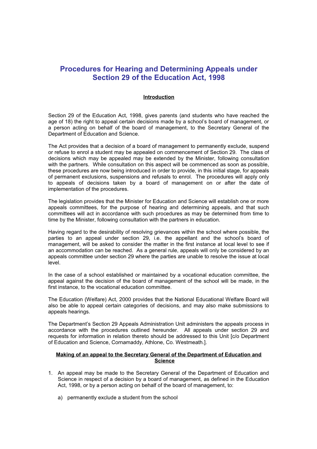 Procedures for Hearing and Determining Appeals Under Section 29 of the Education Act, 1998