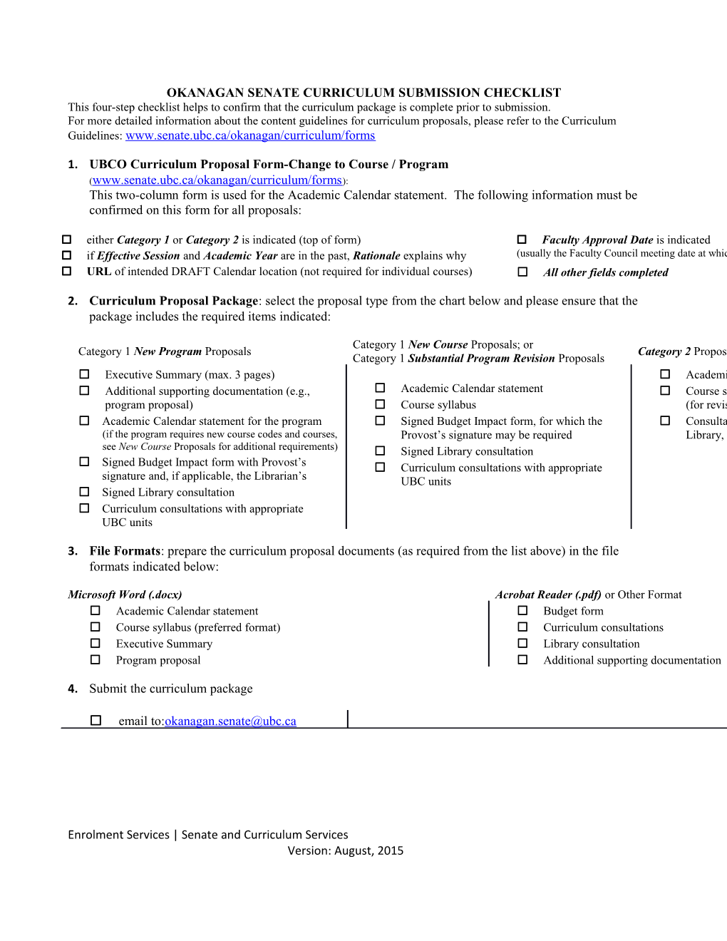 Okanagan Senate Curriculum Submission Checklist