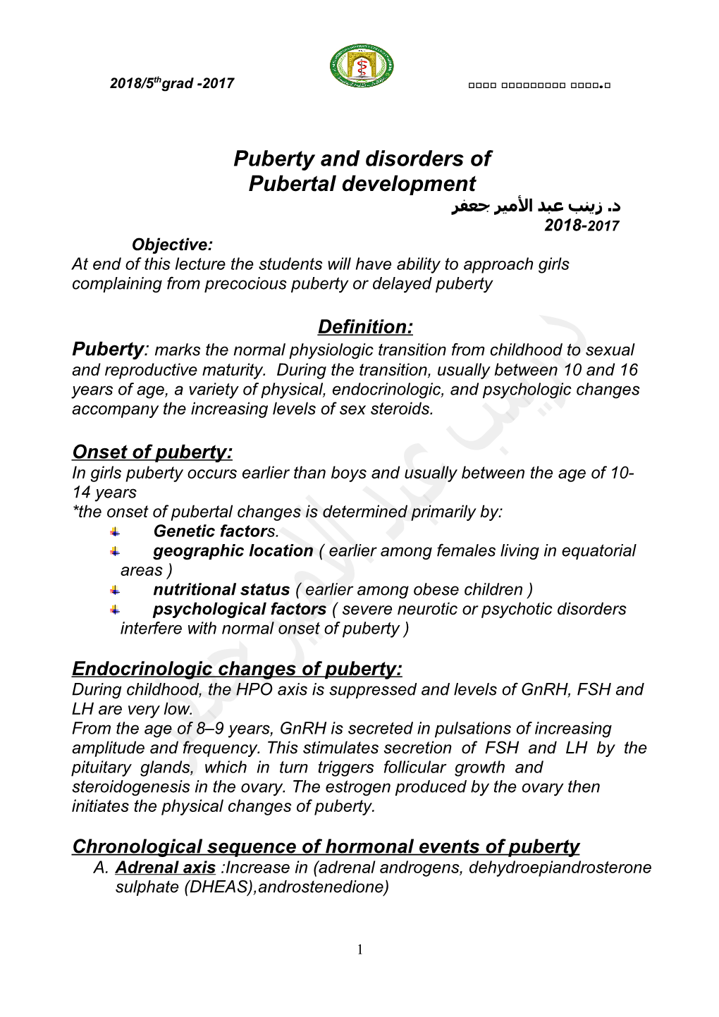 Puberty and Disorders of Pubertal Development