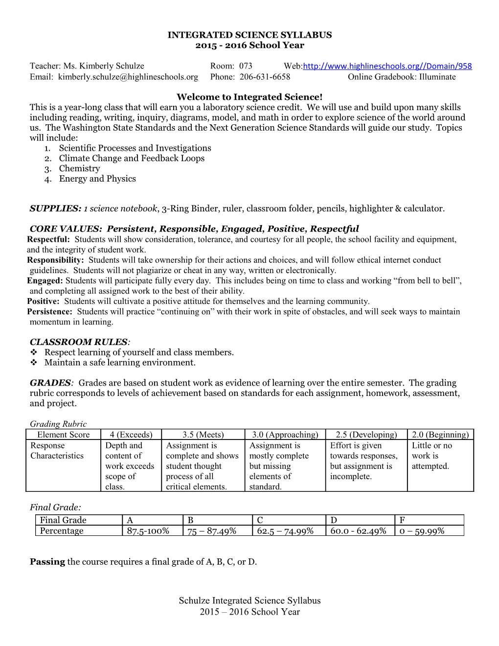 Integrated Science I Syllabus