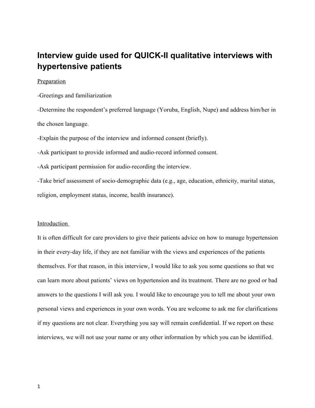 Interview Guide Used for QUICK-II Qualitative Interviews with Hypertensive Patients