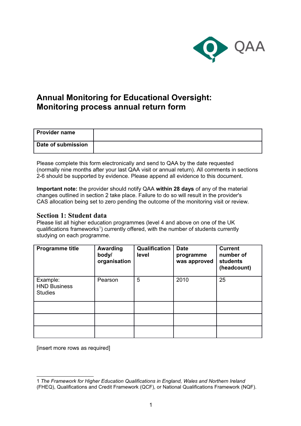 Educational Oversight: Annual Monitoring Return Form