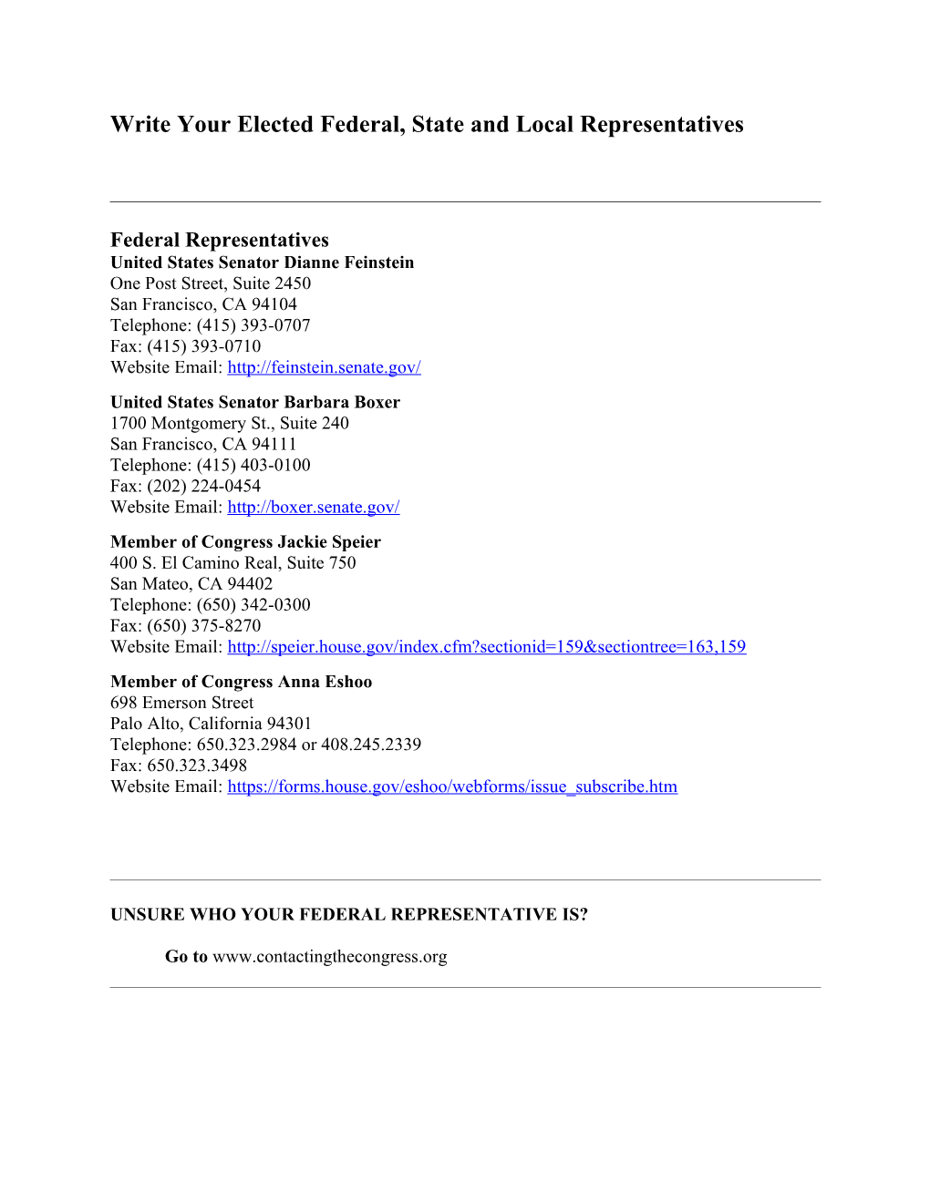 Email Addresses for Governmental Contacts HSR on the Peninsula