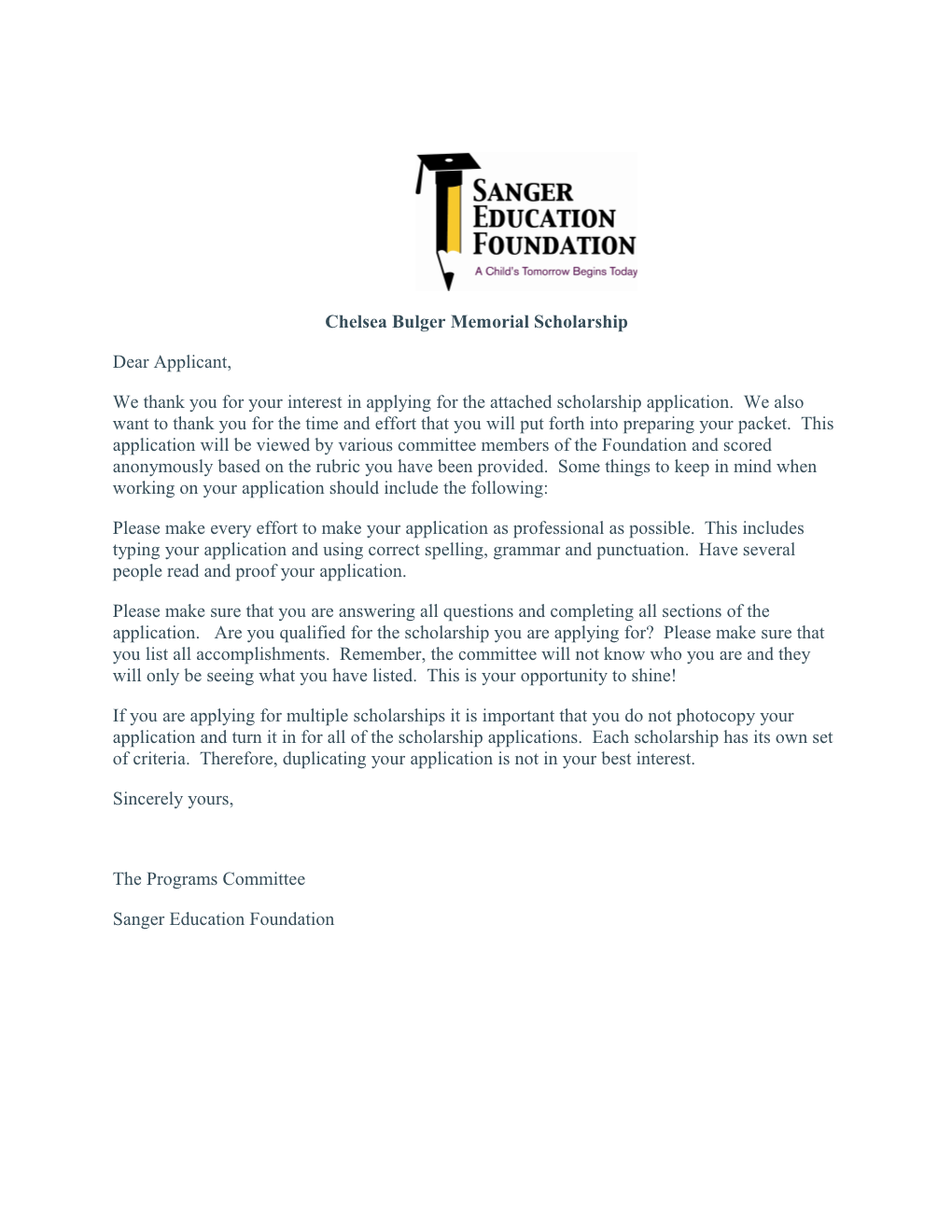 Chelsea Bulger Memorial Scholarship