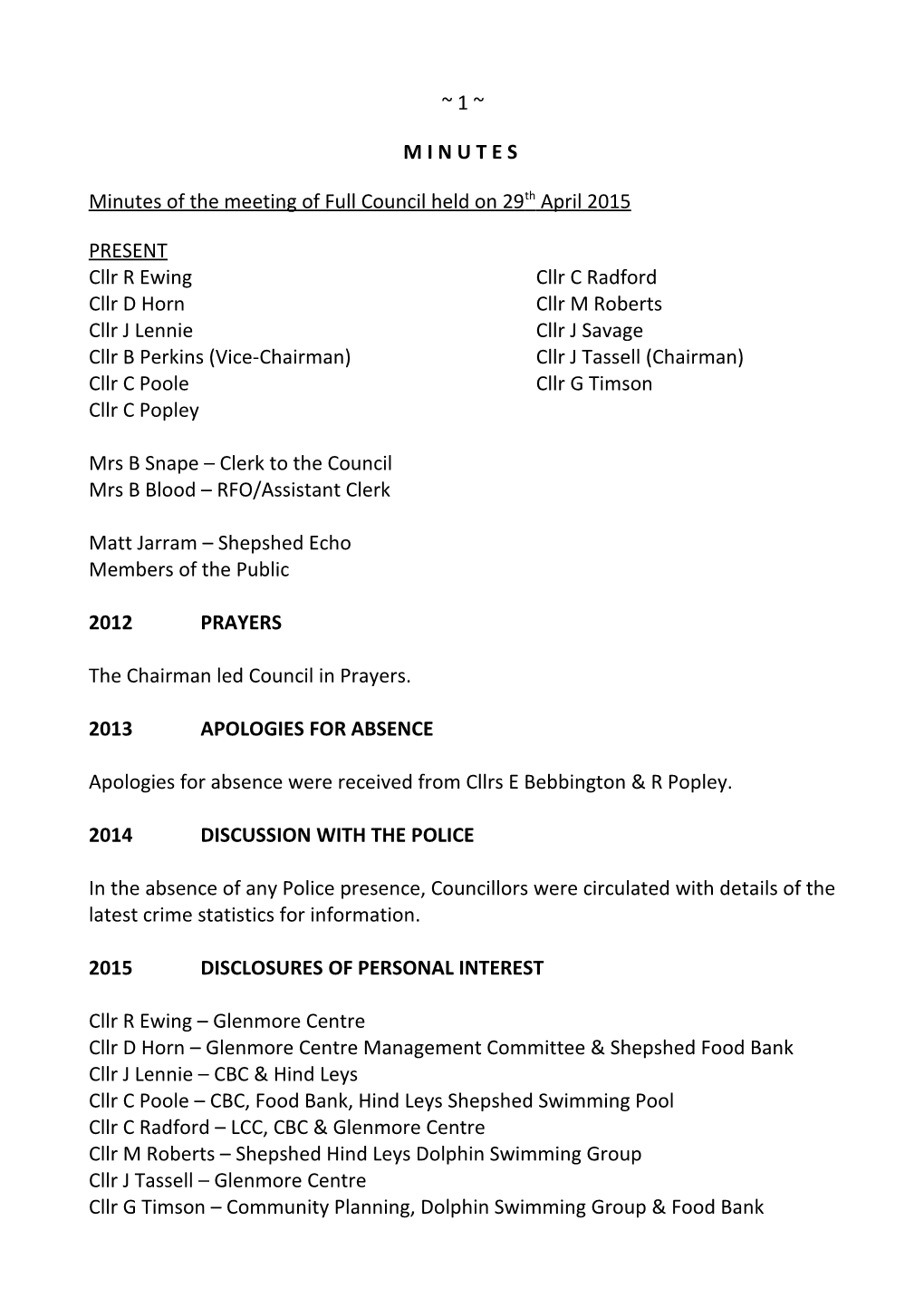 Minutes of the Meeting of Full Council Held on 29Th April 2015