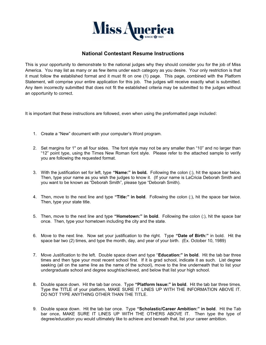 National Contestant Resume Instructions