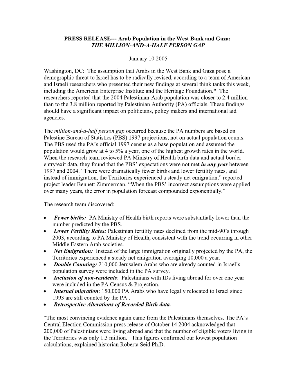 PRESS RELEASE Arab Population in the West Bank and Gaza