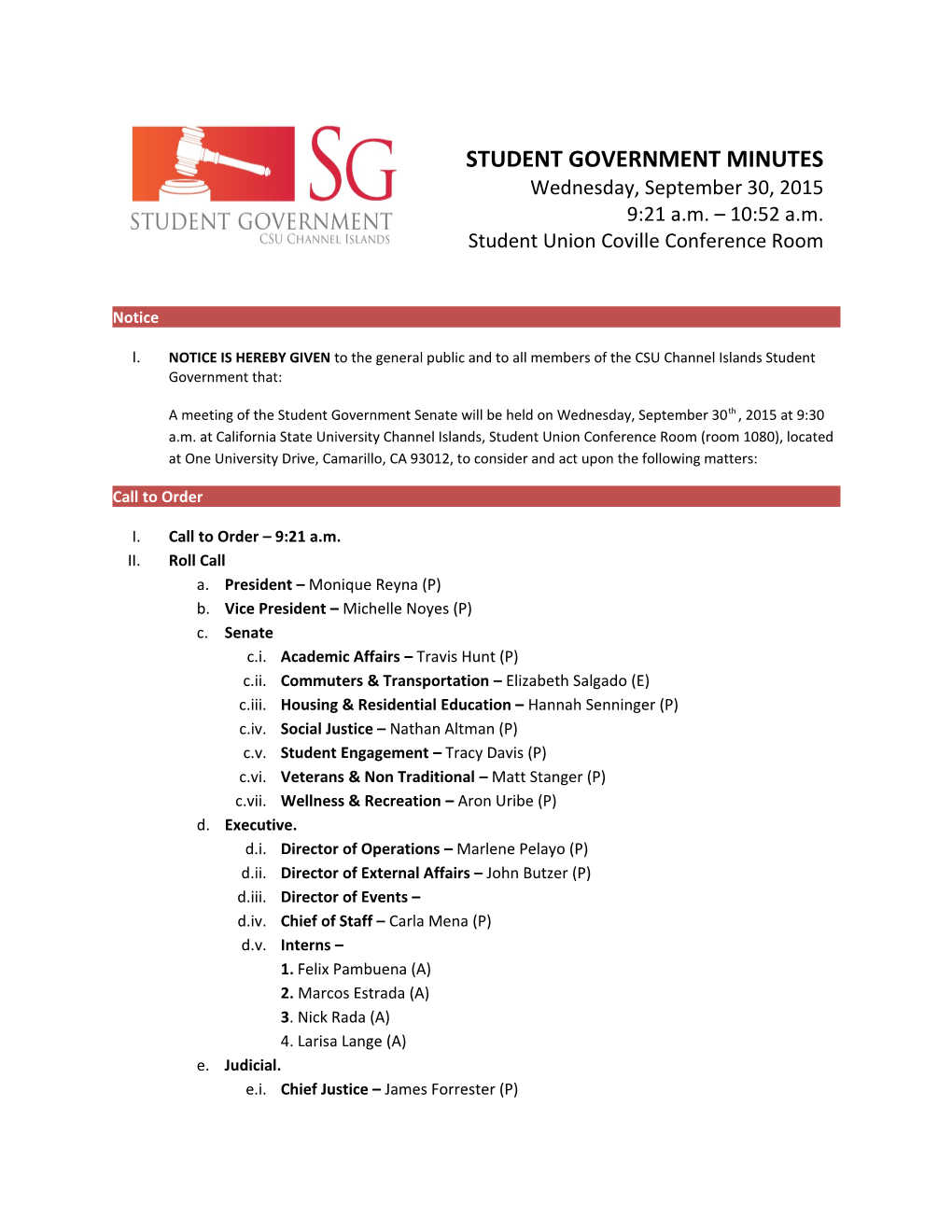 A Meeting of the Student Government Senate Will Be Held on Wednesday, September 30Th