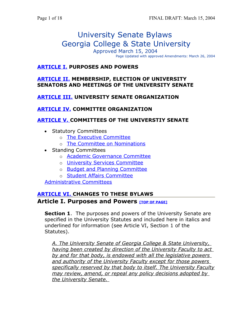 University Senate Bylaws Approved March 24, 2003