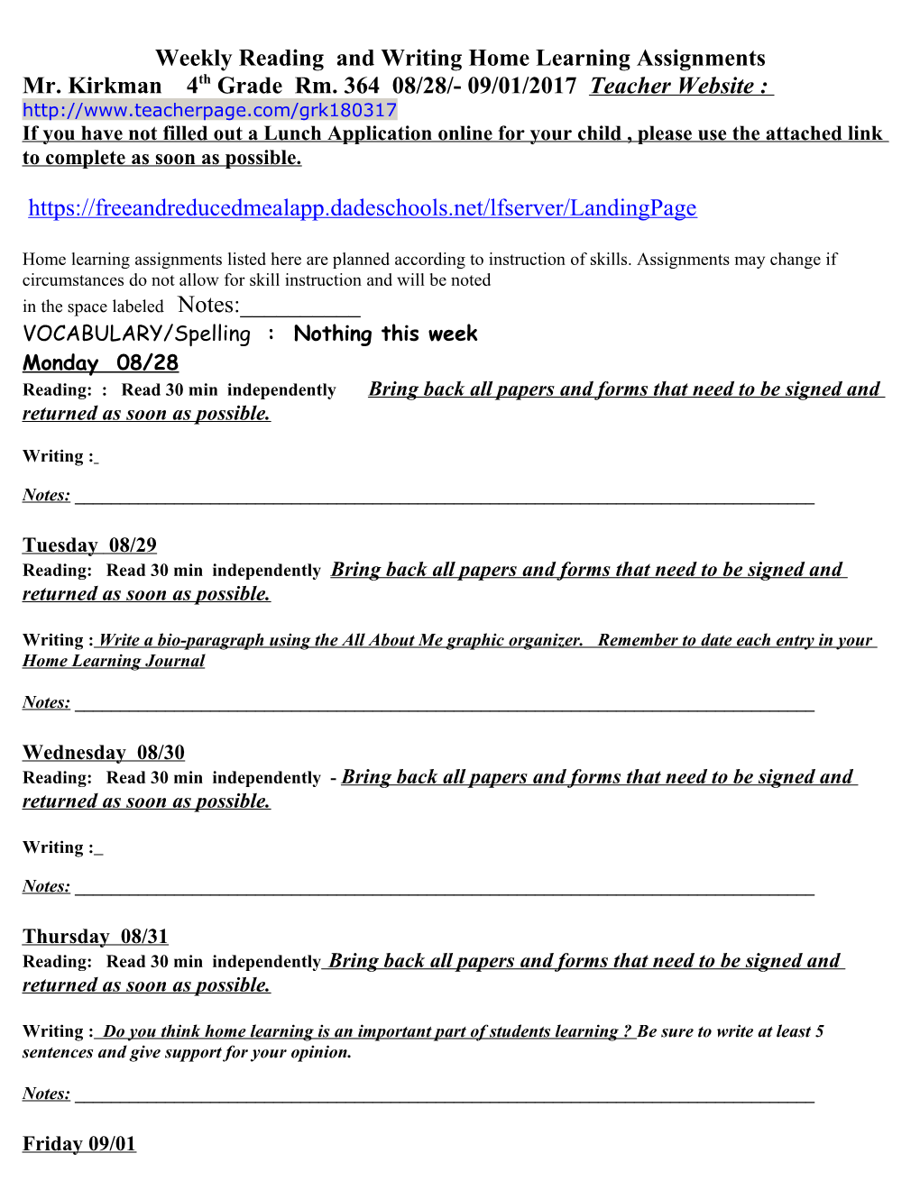 Weekly Science and Math Home Learning Assignments s1