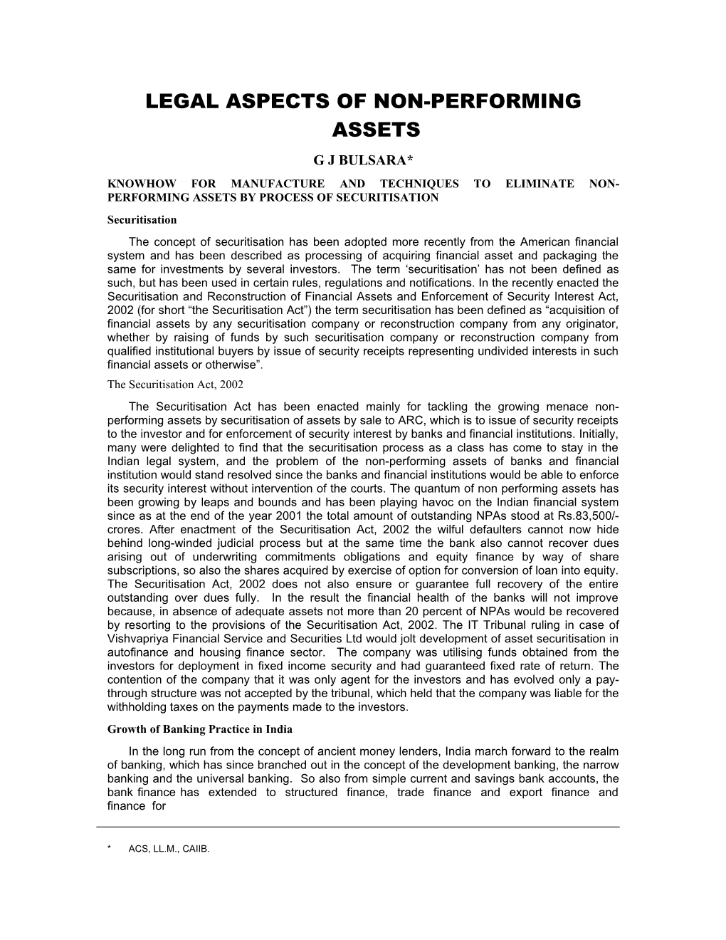 Legal Aspects of Non-Performing Assets