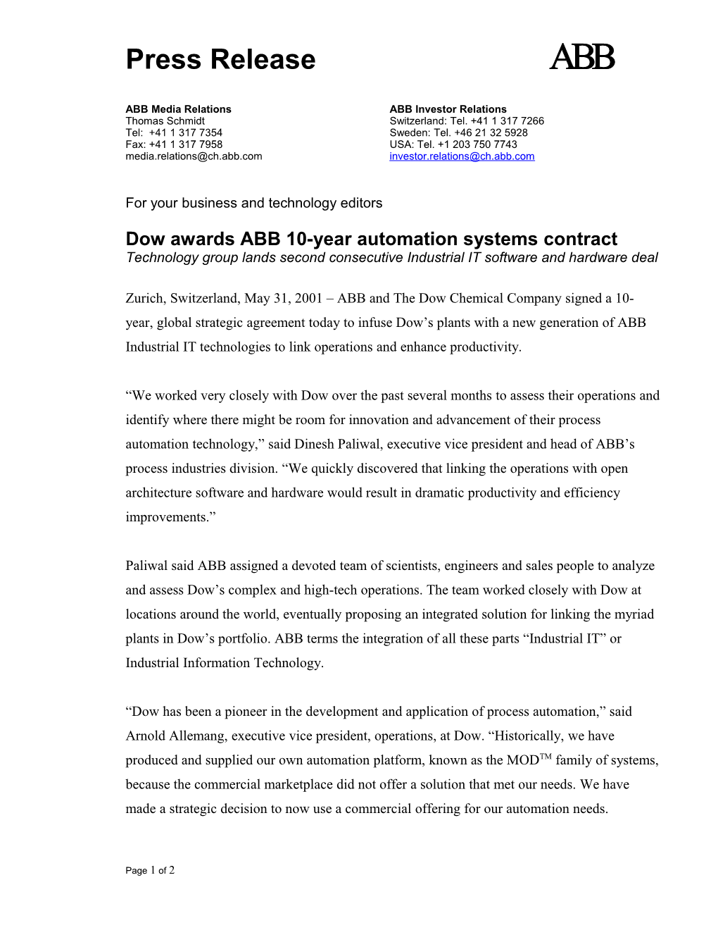 Dow Awards ABB 10-Year Automation Systems Contract