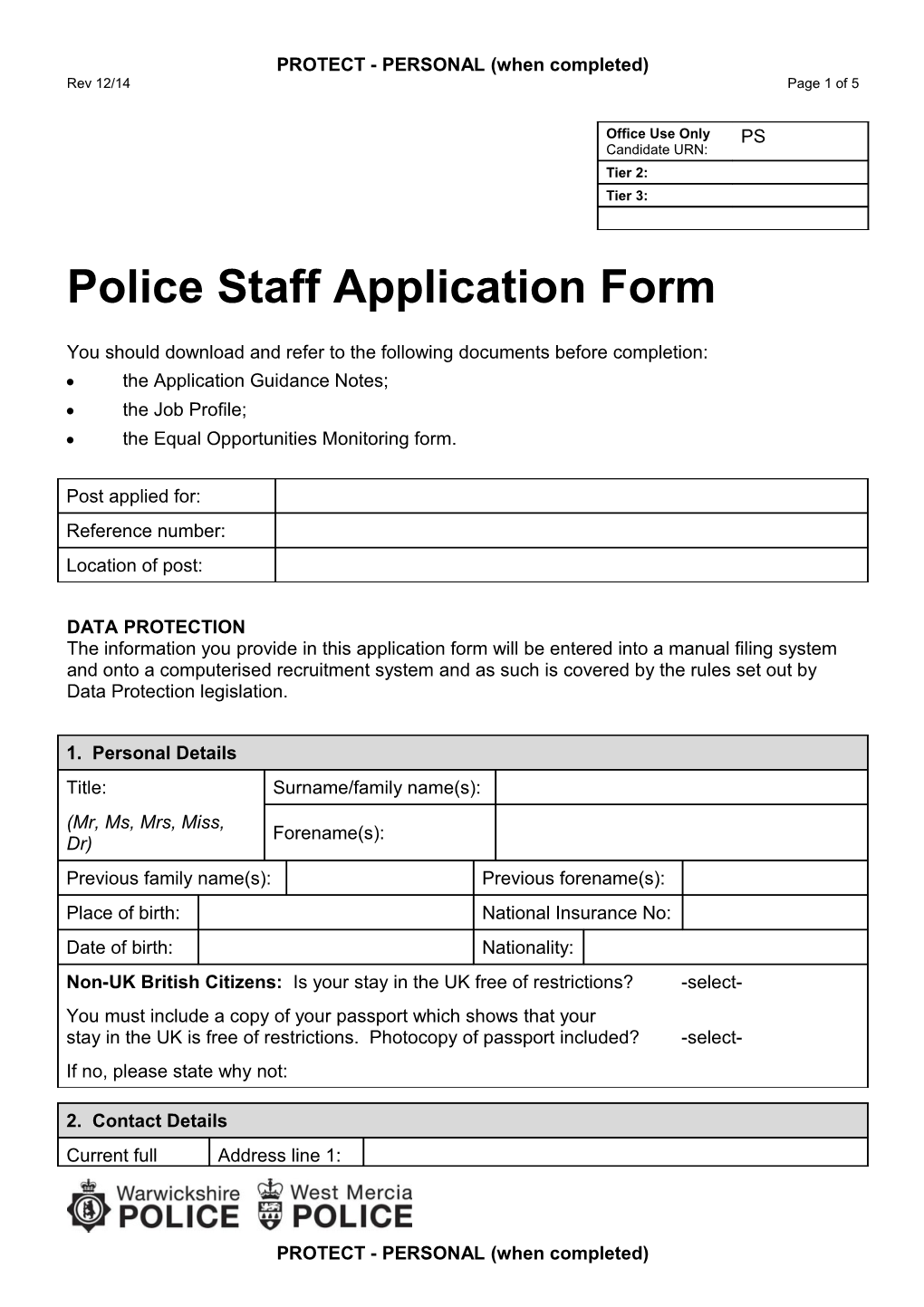 A109 Police Staff Application Form