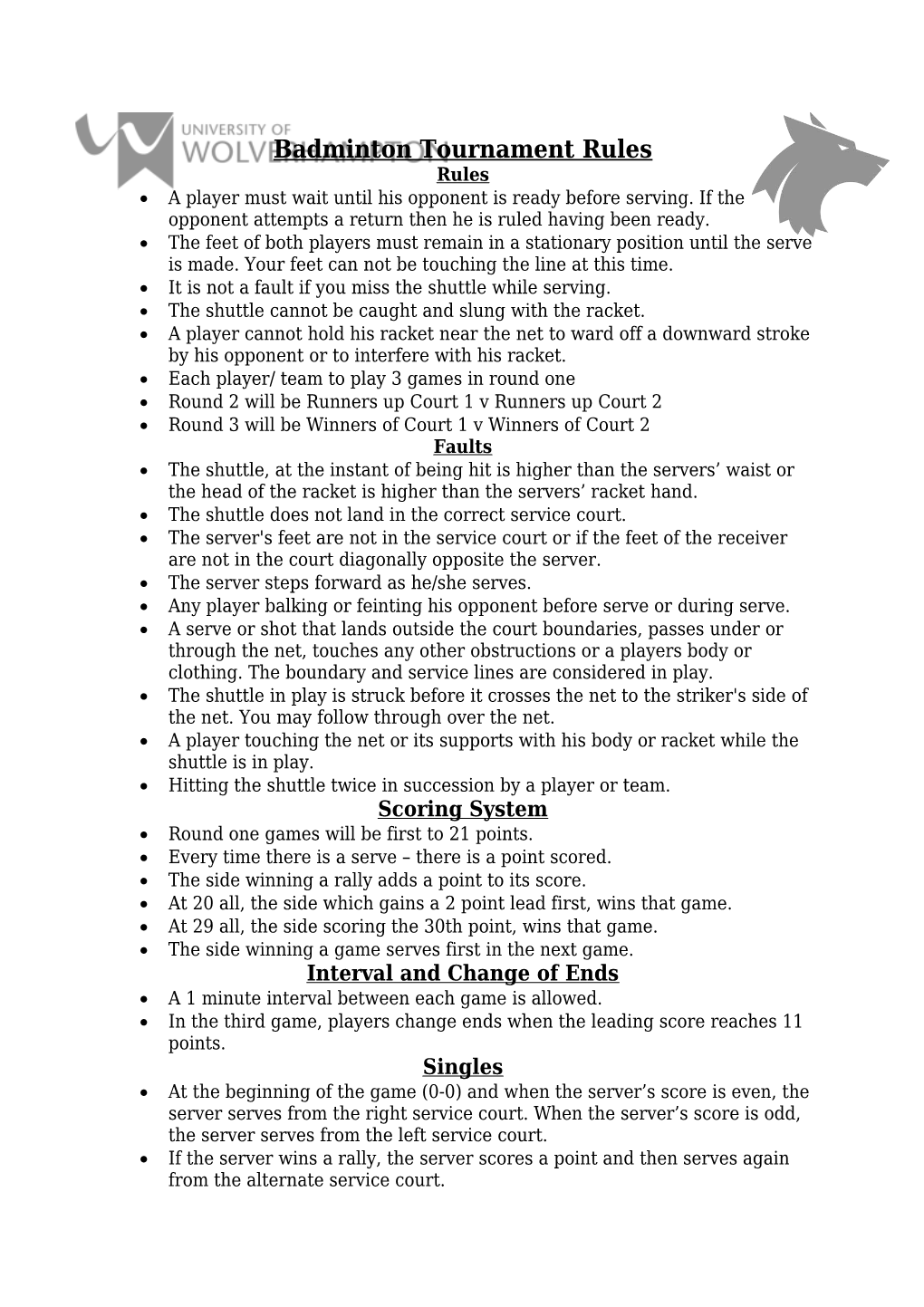 Badminton Tournament Rules