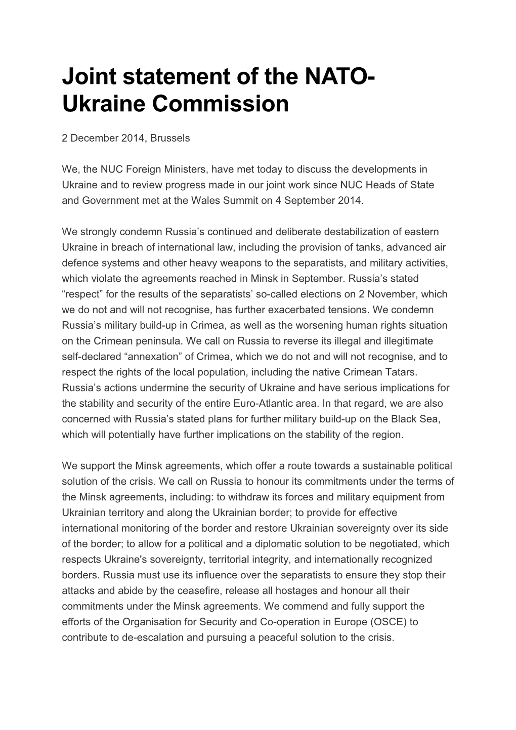 Joint Statement of the NATO-Ukraine Commission