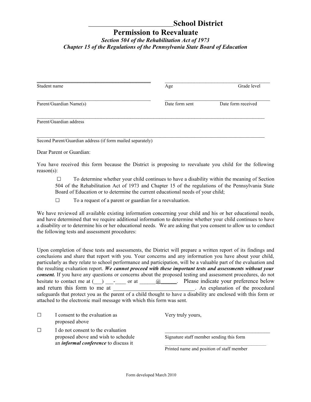 Parent/Guardian Name(S) Date Form Sent Date Form Received