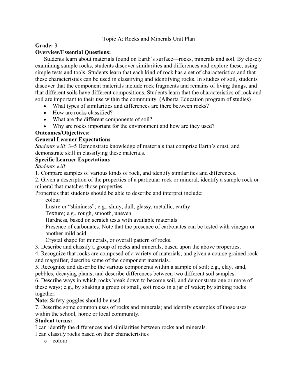 Topic A: Rocks and Minerals Unit Plan