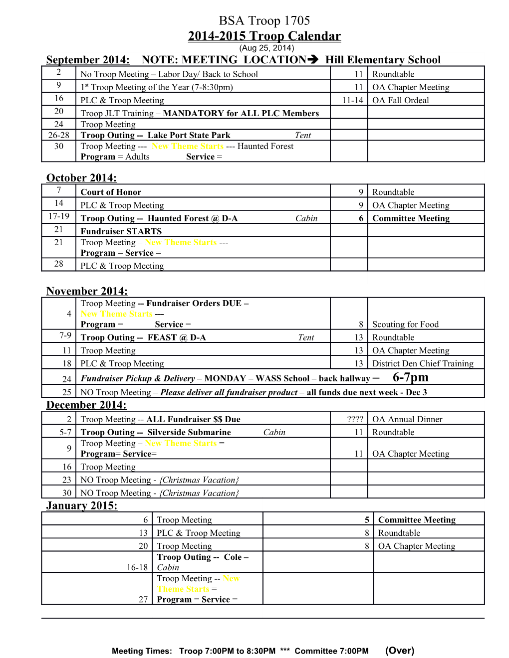 2014-2015 Troop Calendar