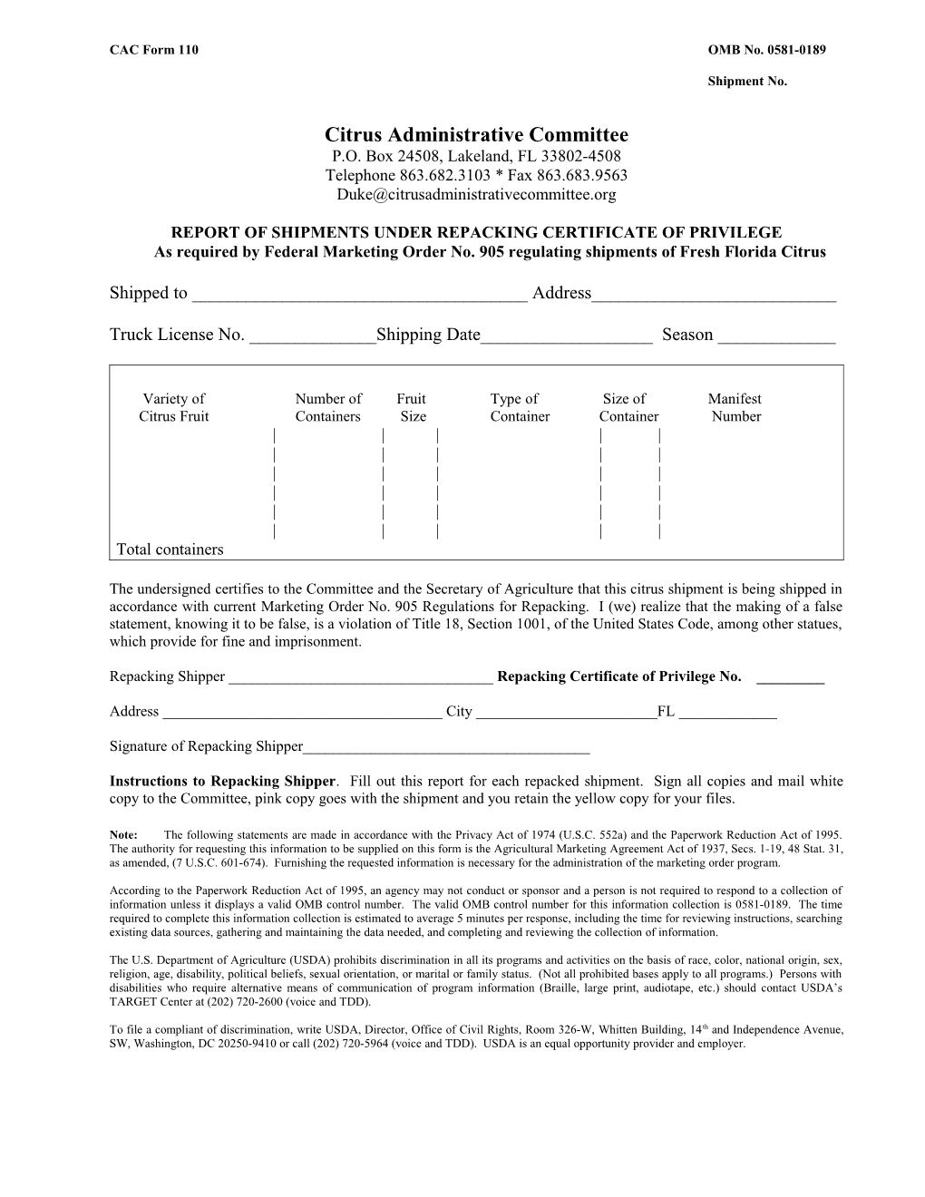 CAC Form 110 OMB No. 0581-0189
