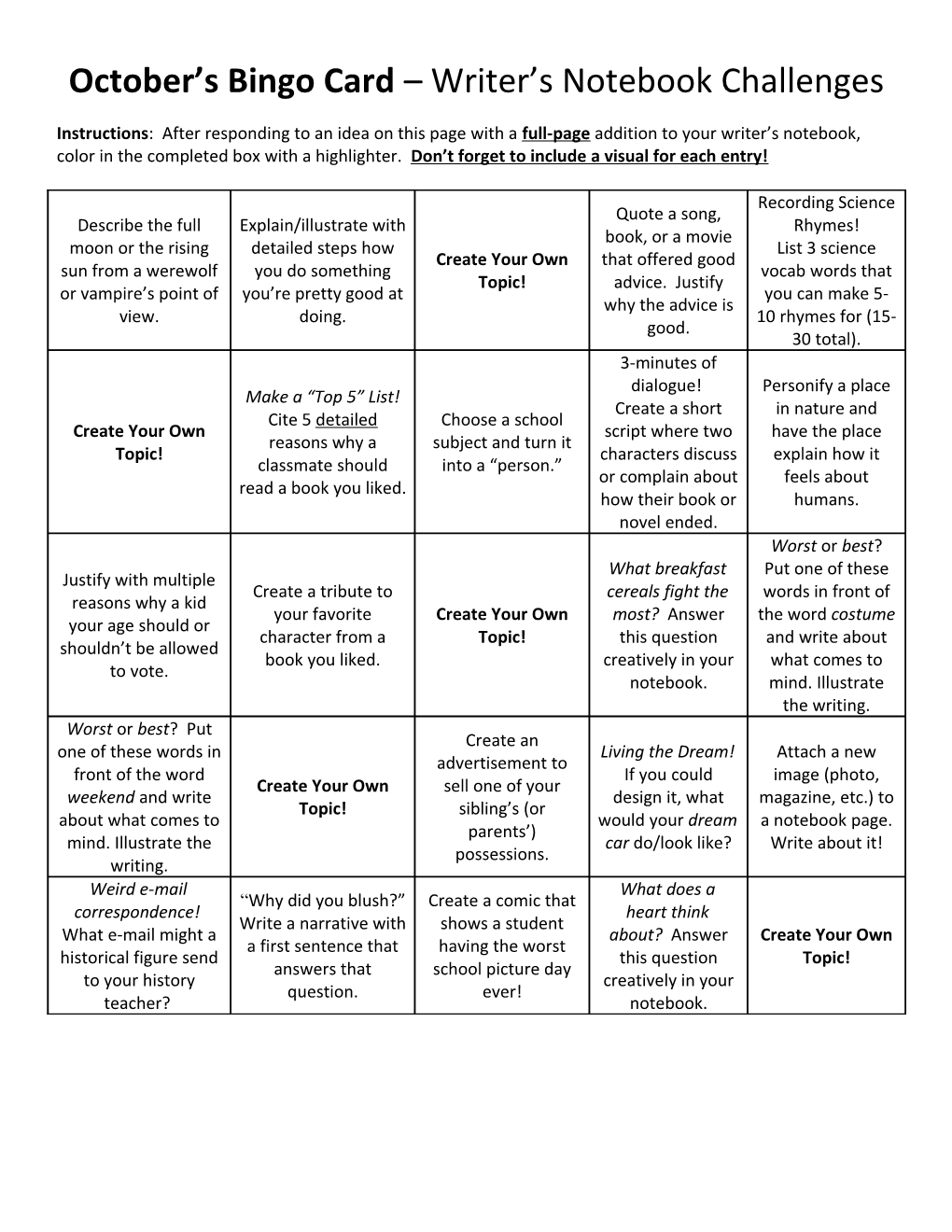 October S Bingo Card Writer S Notebook Challenges