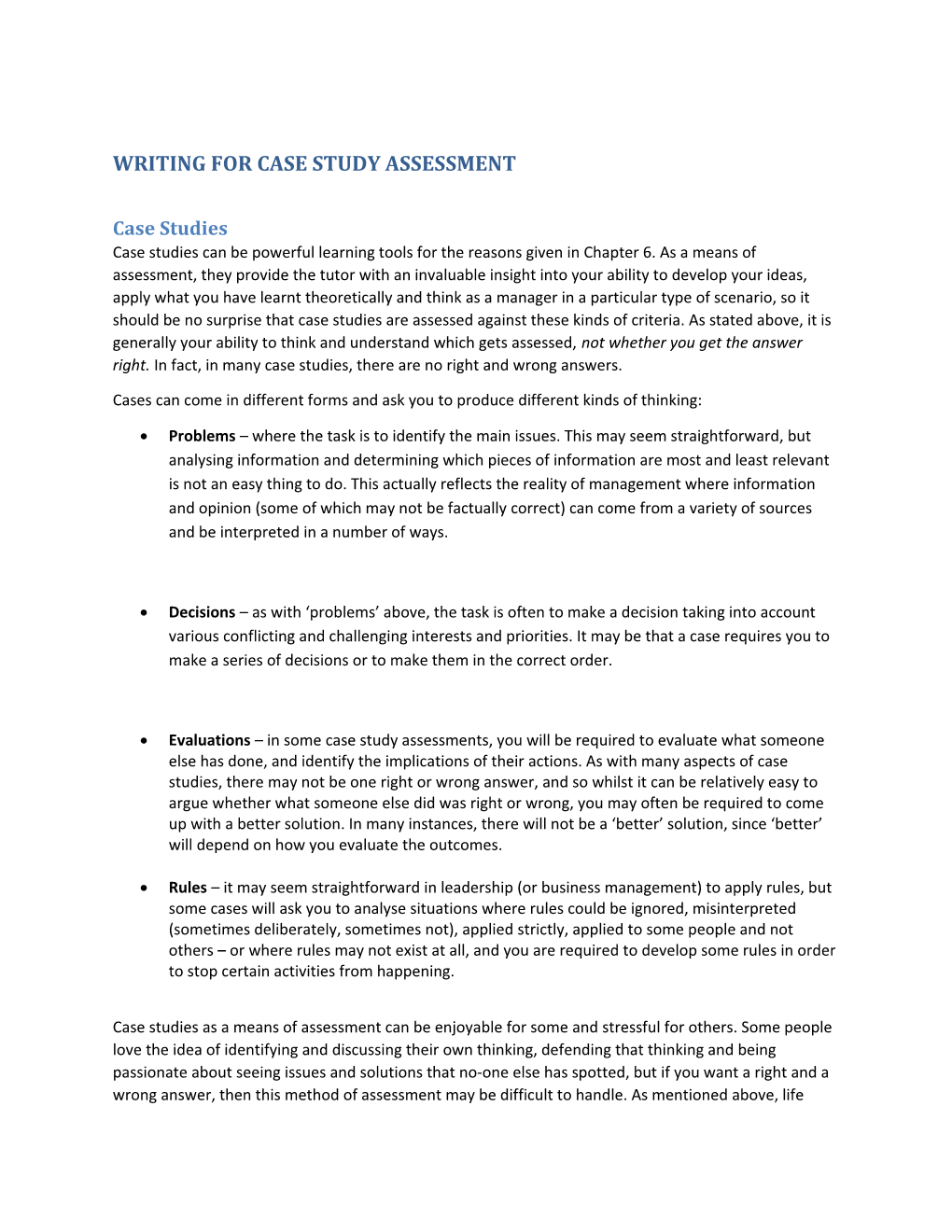 Writing for Case Study Assessment