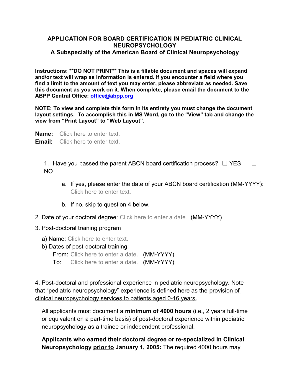 Application for Board Certification in Pediatric Clinical Neuropsychology