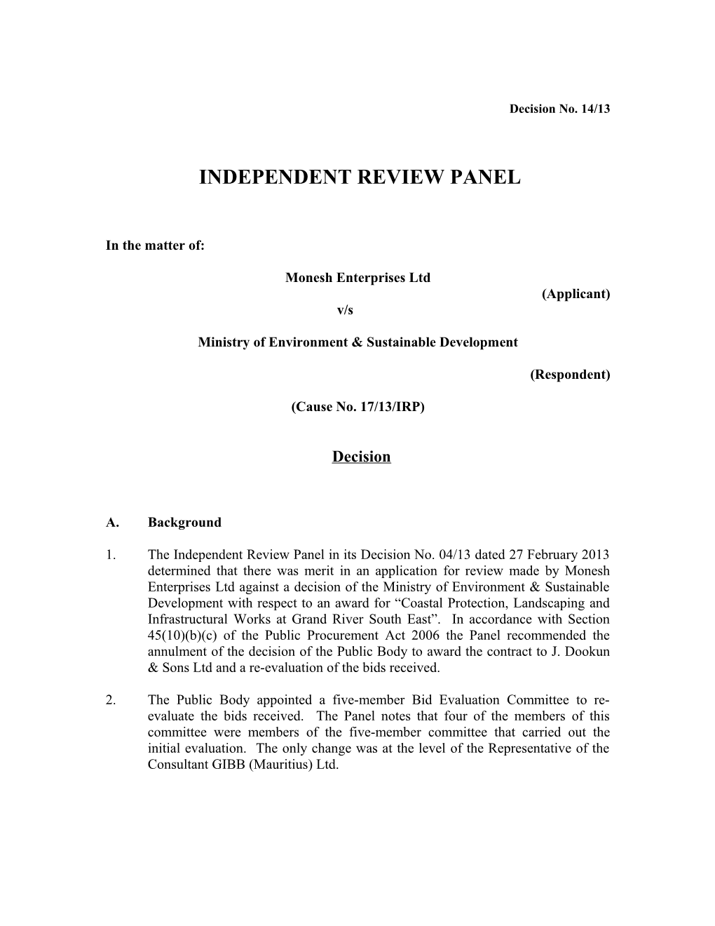 Independent Review Panel Decision No. 14/13