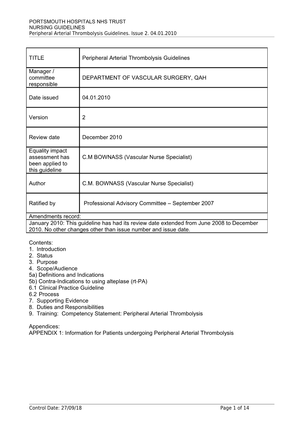 Guidelines for Peripheral Arterial Thrombolysis