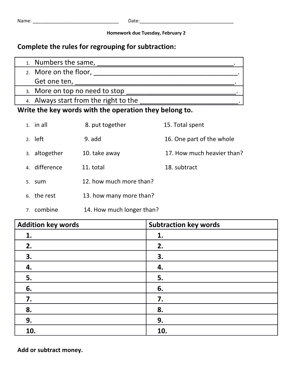 Complete the Rules for Regrouping for Subtraction
